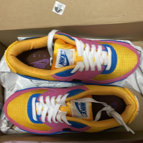 AirMax 90, never worn. Blue, pink, yellow, and white. - Picture 2 of 4